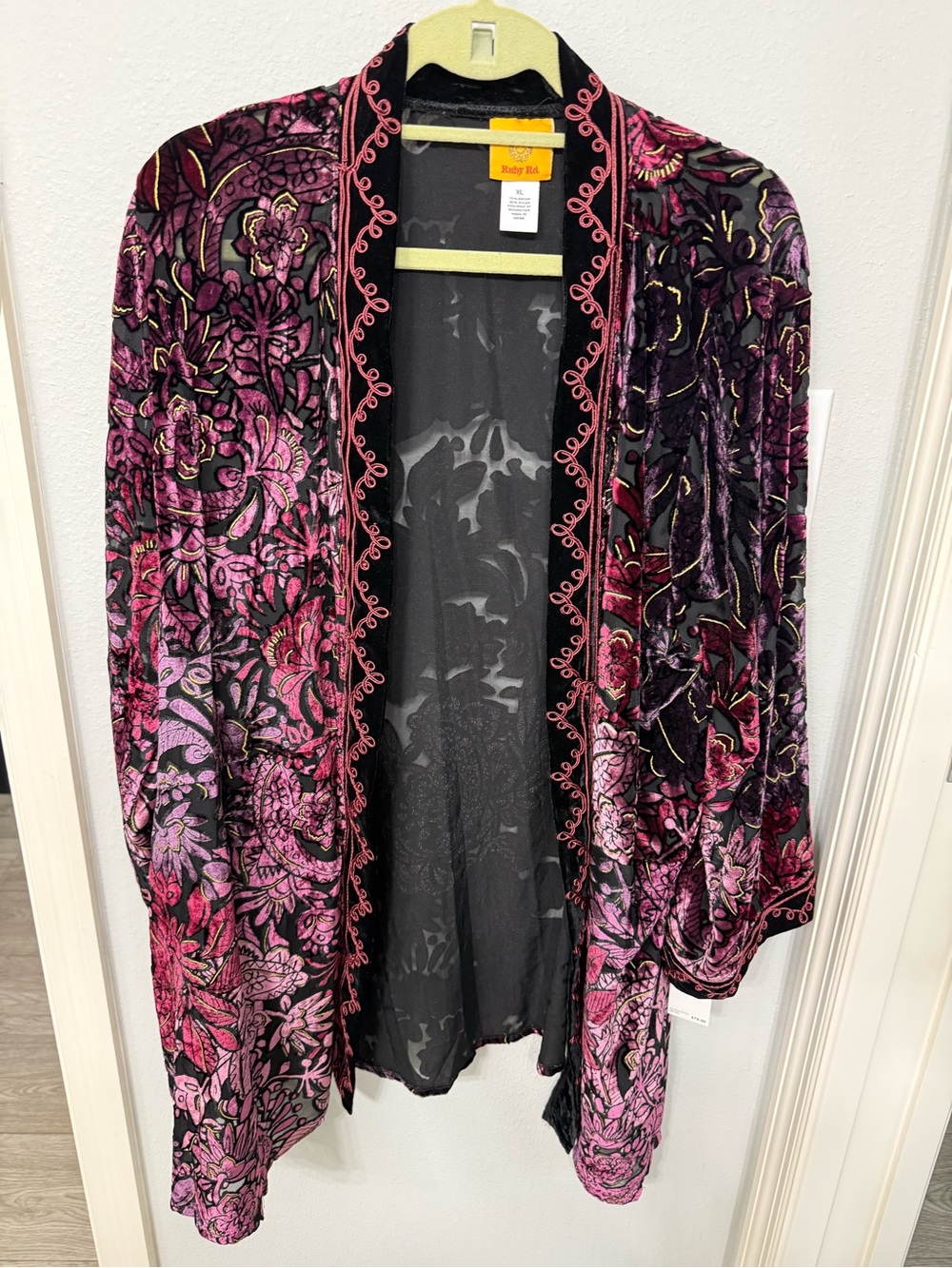 Ruby Rd. Women’s Sheer Velvet Floral Embroidered Open Front Jacket cardigan XL